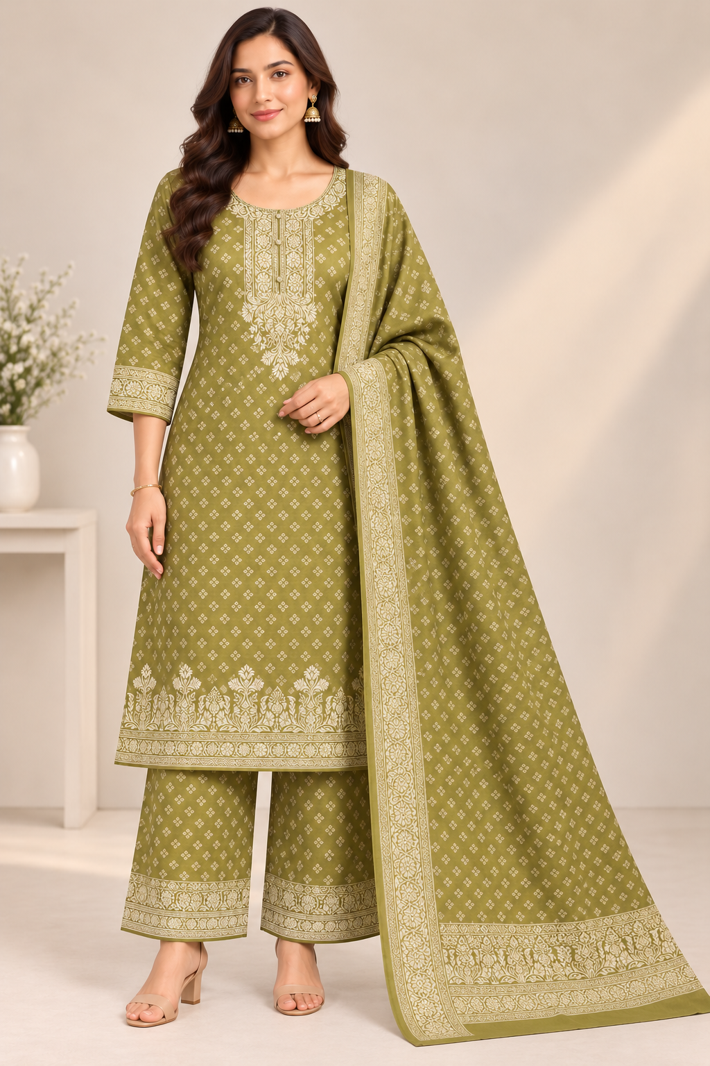 Olive Green Ivory Print Jacquard Winter SKD