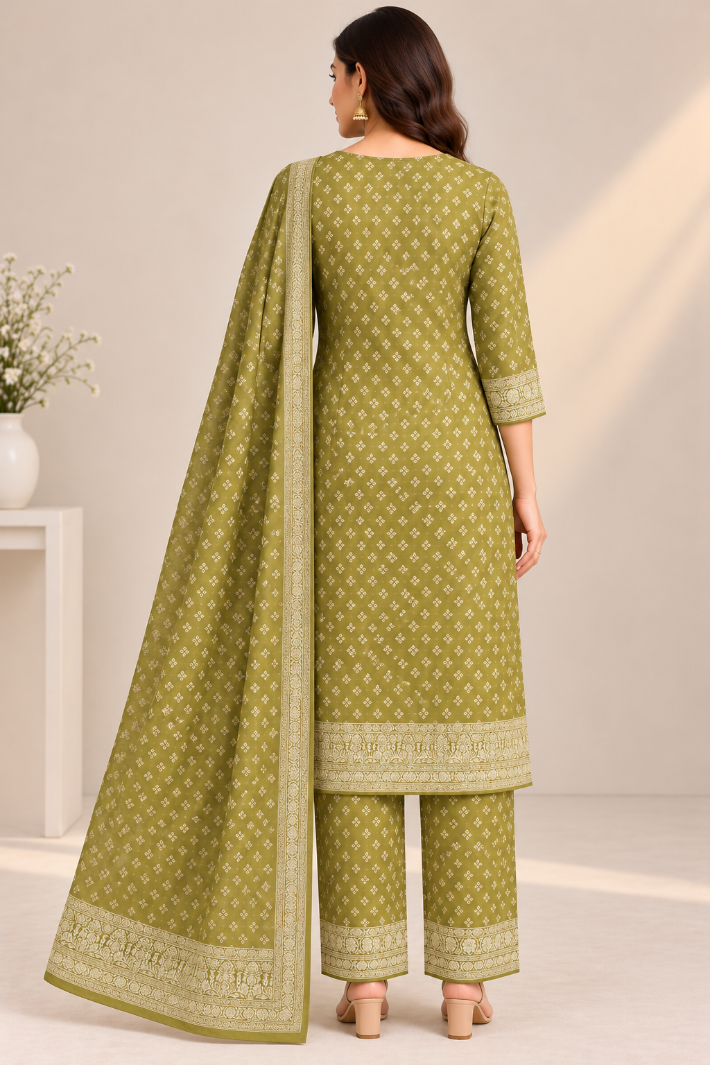 Olive Green Ivory Print Jacquard Winter SKD