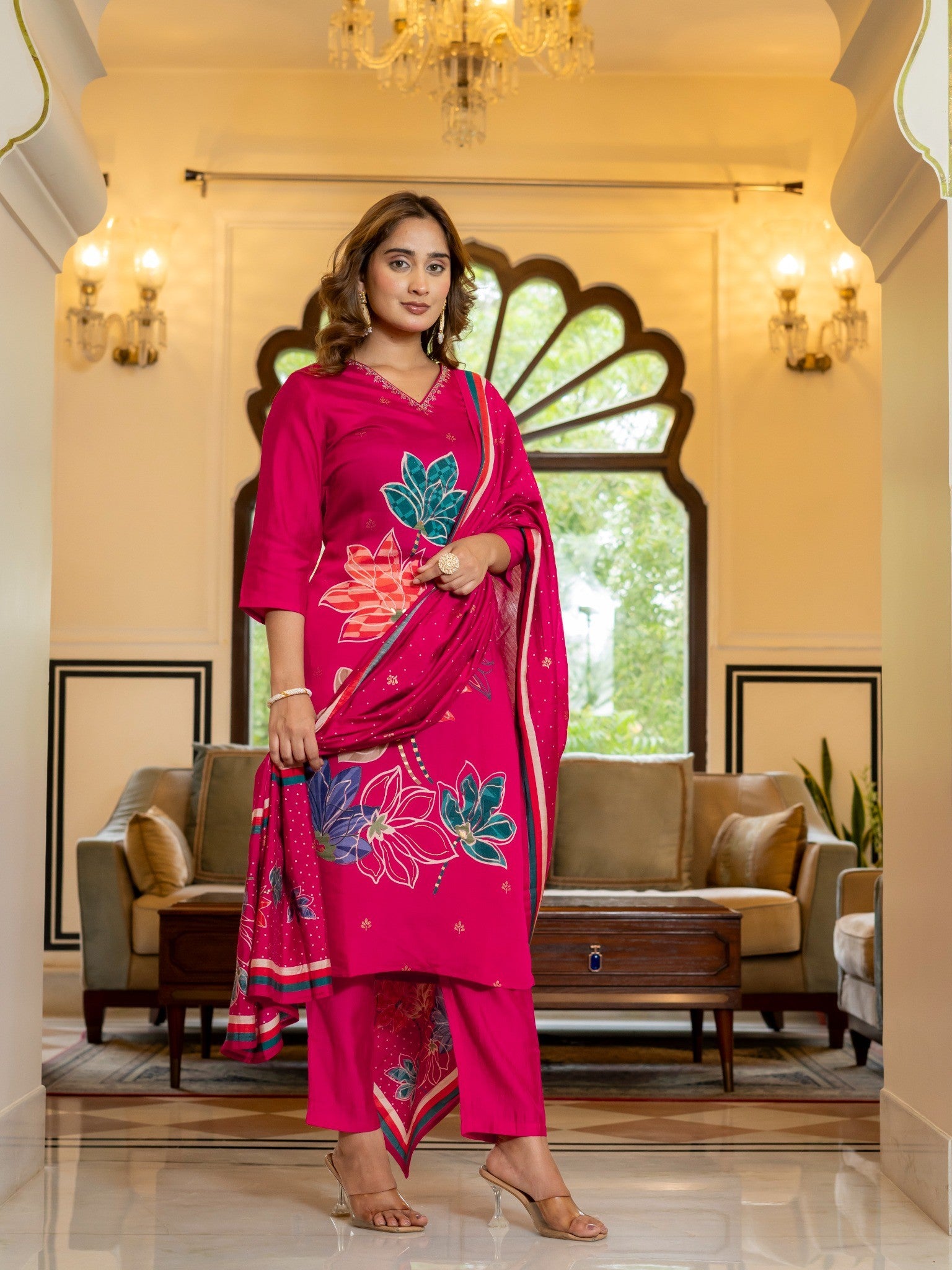 Vibrant Pink House of Sdaa  Floral Printed Kurta Set, HSDAAMLSK000007