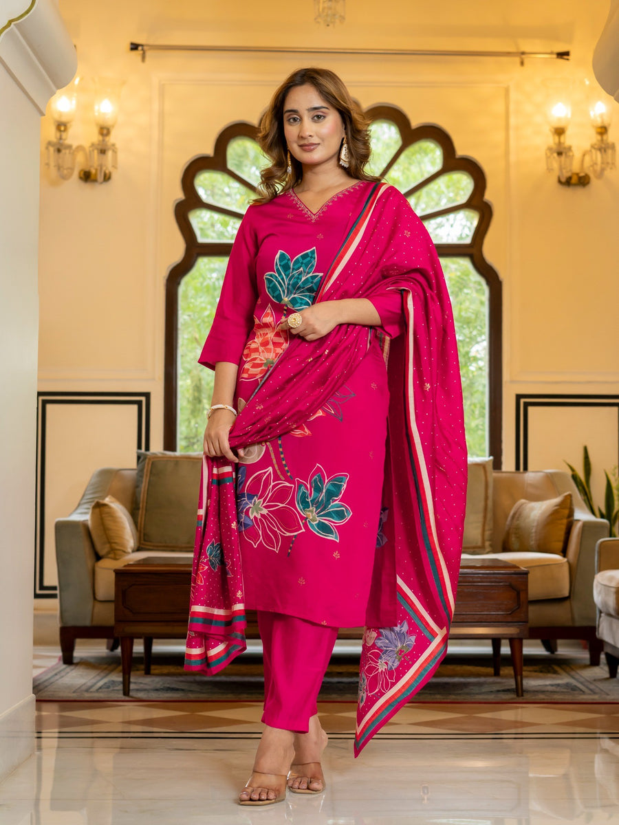 Vibrant Pink House of Sdaa  Floral Printed Kurta Set, HSDAAMLSK000007