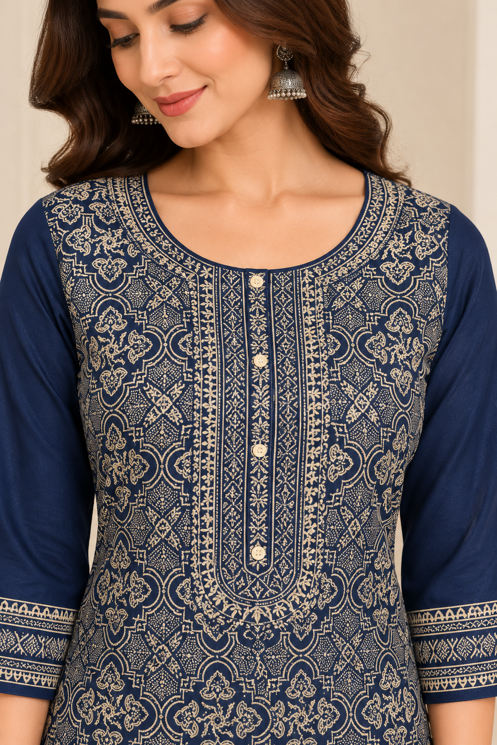 Navy Blue Ivory Print Jacquard Winter SKD