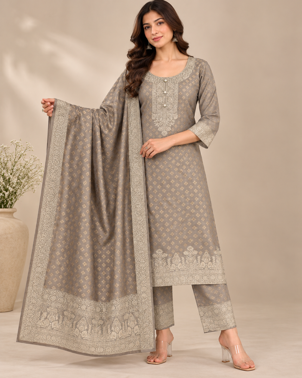 Grey Ivory Print Jacquard Winter SKD