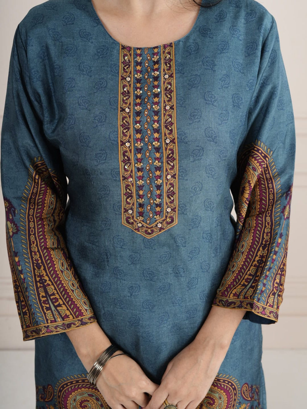 Ocean Blue Viscose Silk SKD Suit Set with Printed Dupatta