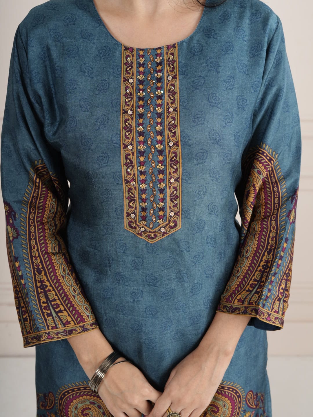 Ocean Blue Viscose Silk SKD Suit Set with Printed Dupatta