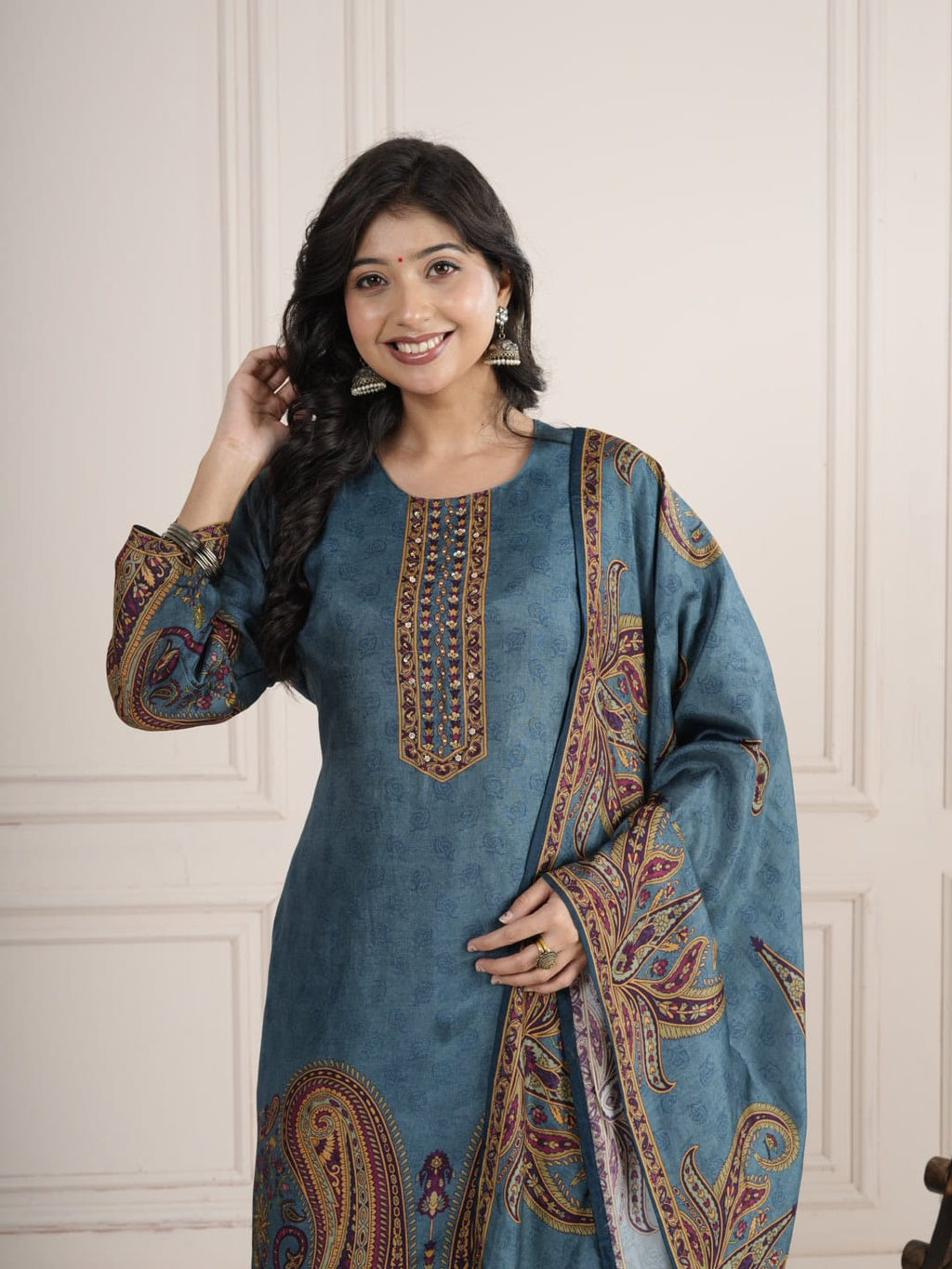 Ocean Blue Viscose Silk SKD Suit Set with Printed Dupatta