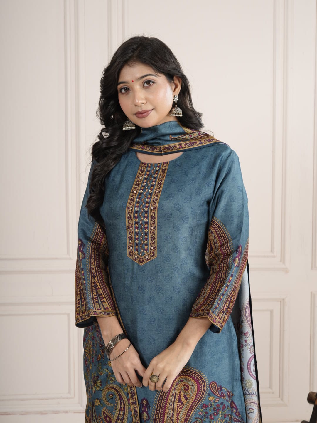 Ocean Blue Viscose Silk SKD Suit Set with Printed Dupatta