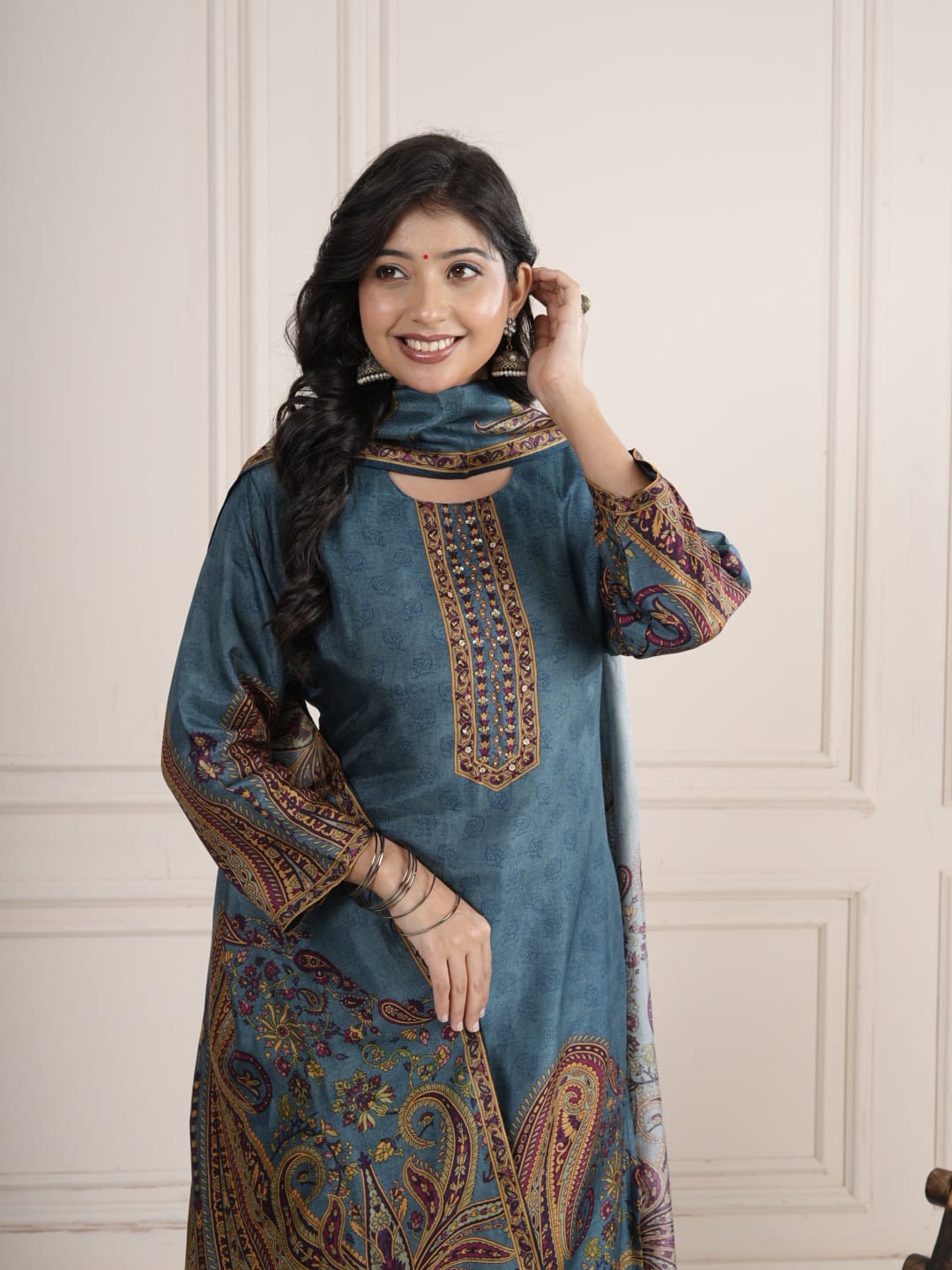 Ocean Blue Viscose Silk SKD Suit Set with Printed Dupatta