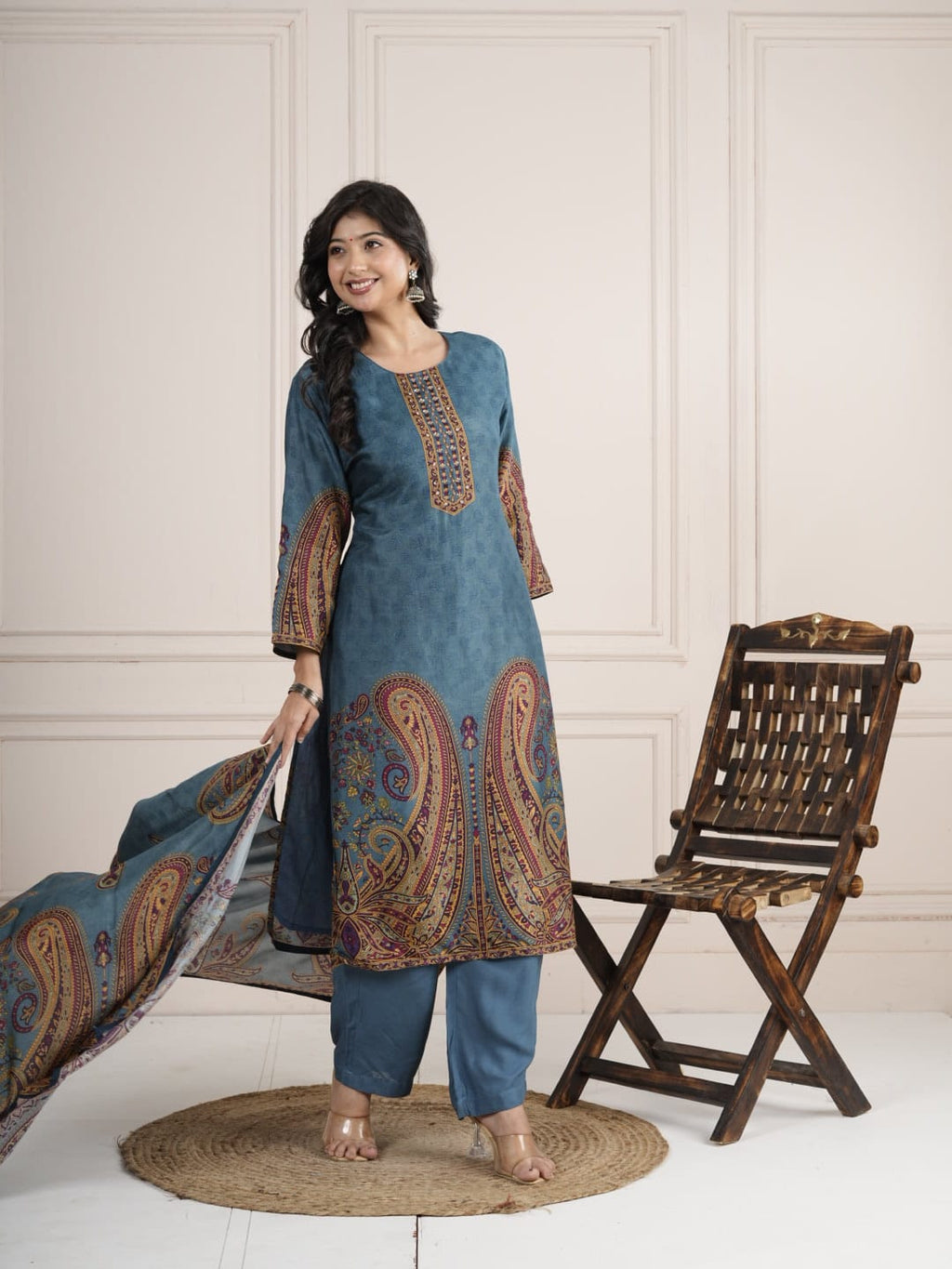 Ocean Blue Viscose Silk SKD Suit Set with Printed Dupatta