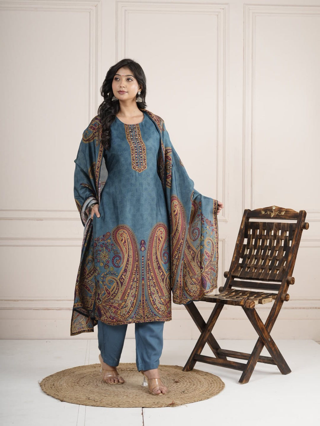 Ocean Blue Viscose Silk SKD Suit Set with Printed Dupatta