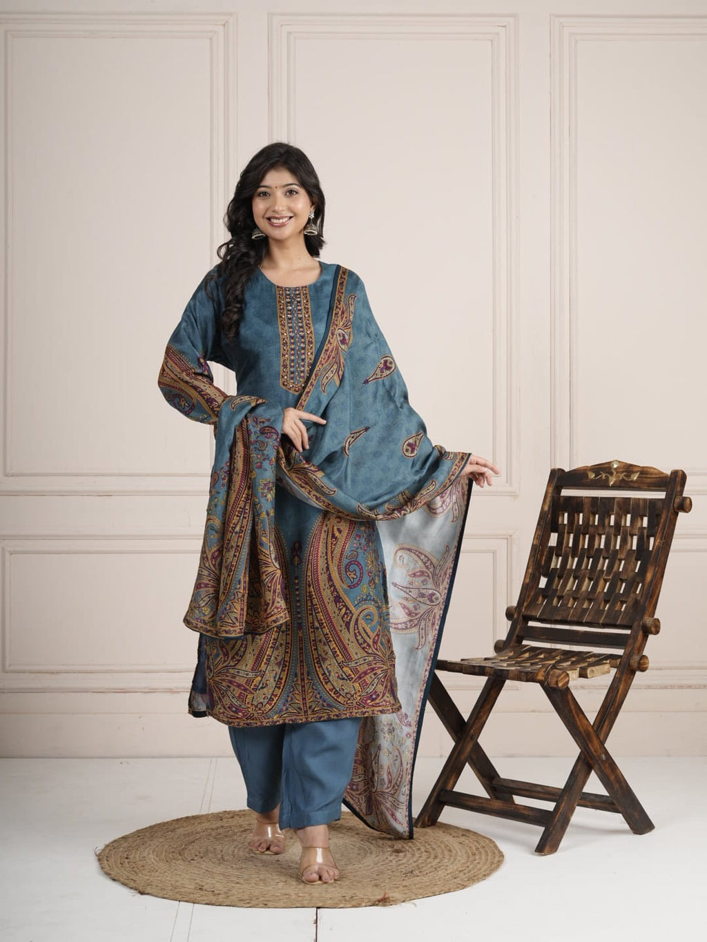 Ocean Blue Viscose Silk SKD Suit Set with Printed Dupatta