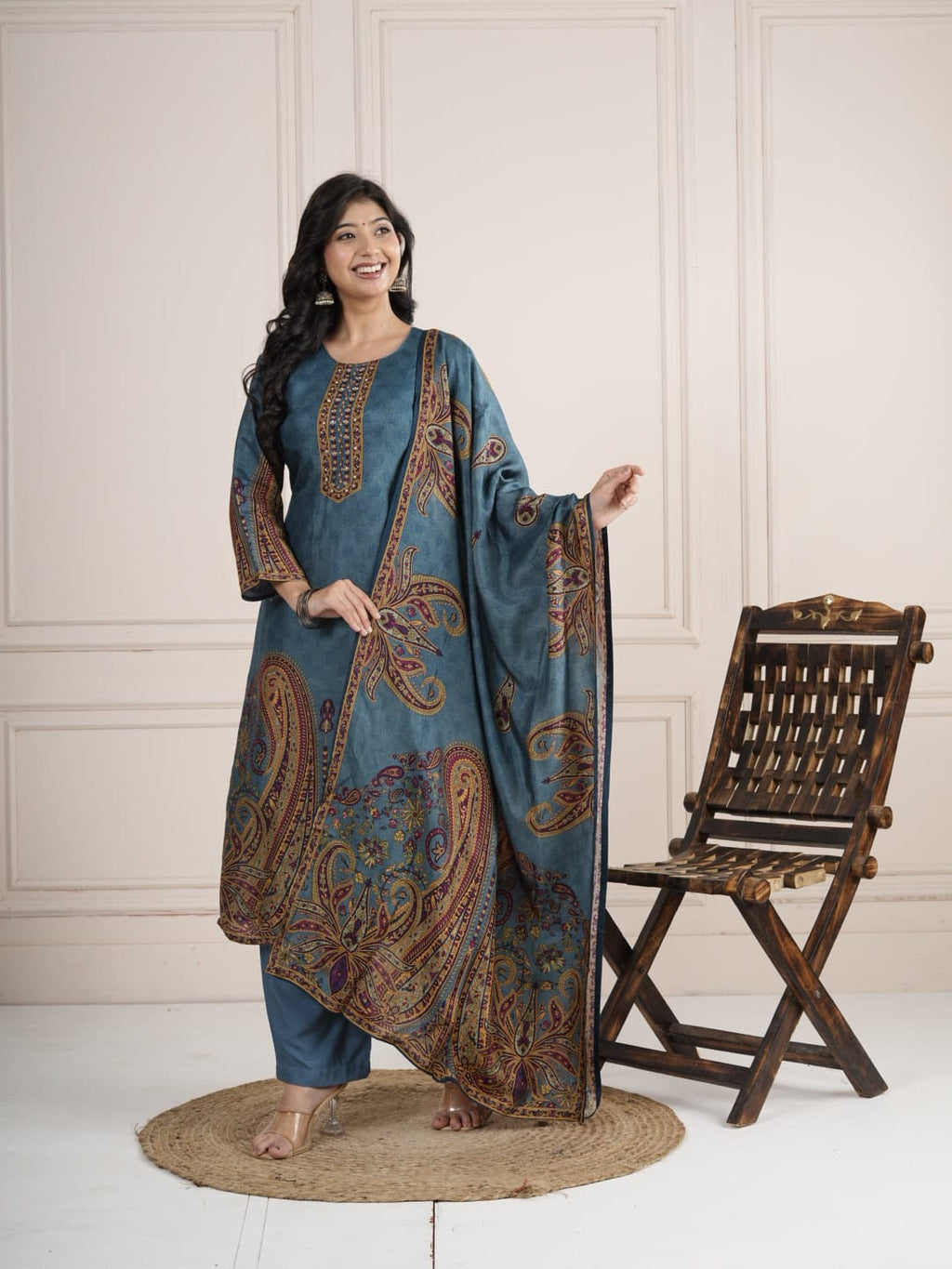 Ocean Blue Viscose Silk SKD Suit Set with Printed Dupatta