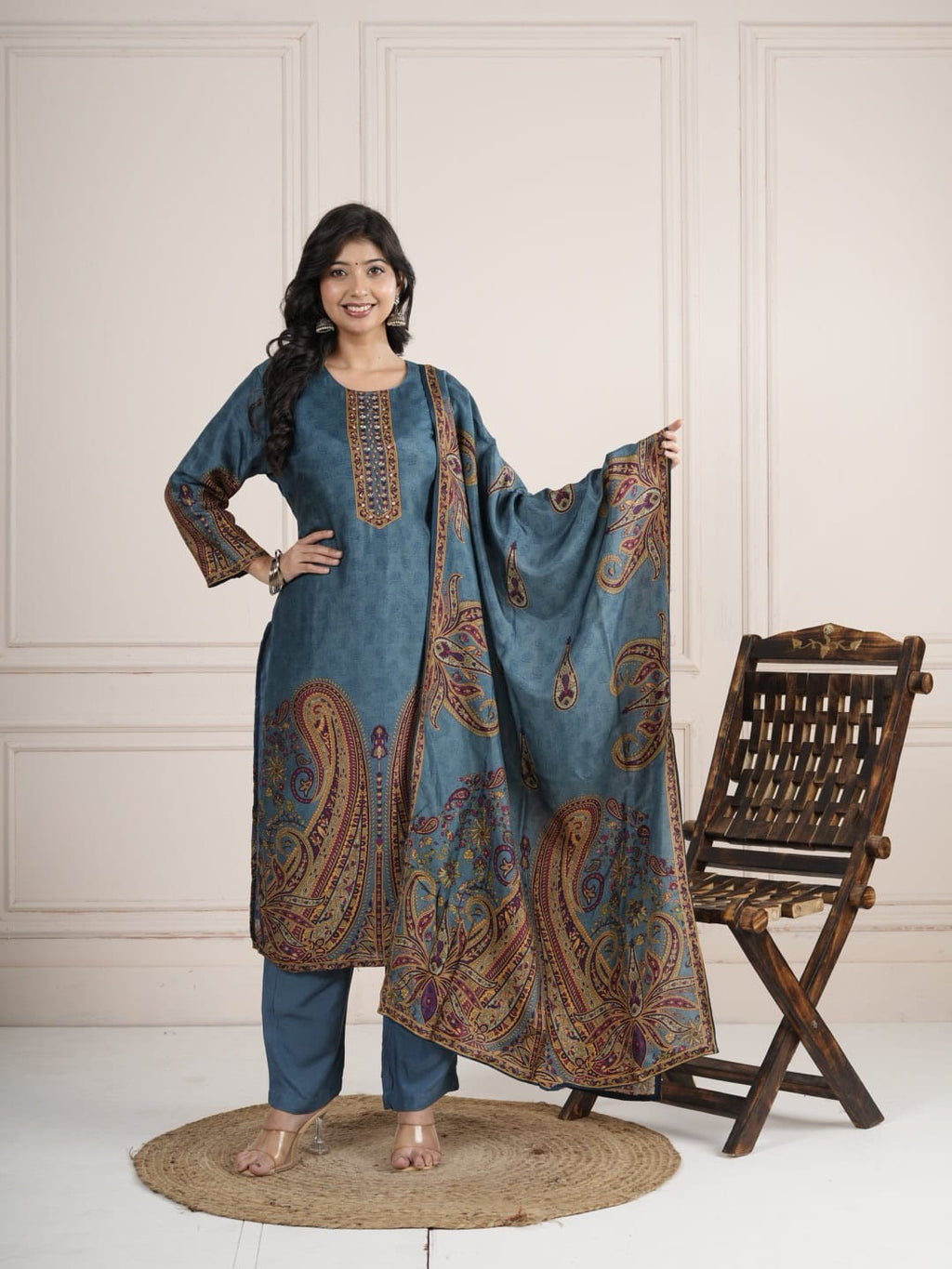 Ocean Blue Viscose Silk SKD Suit Set with Printed Dupatta