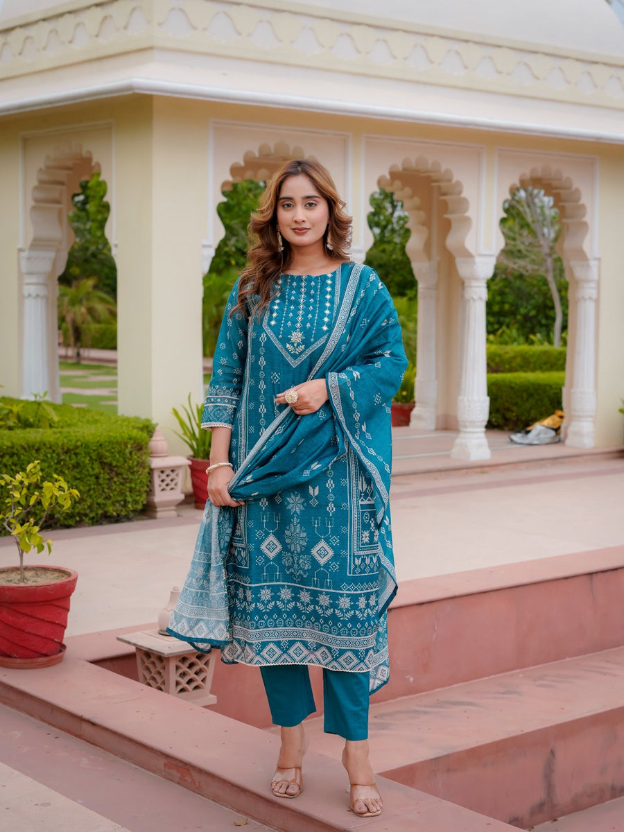 House of Sdaa Teal Blue Printed Kurta Set ,HSDAASKBC000004