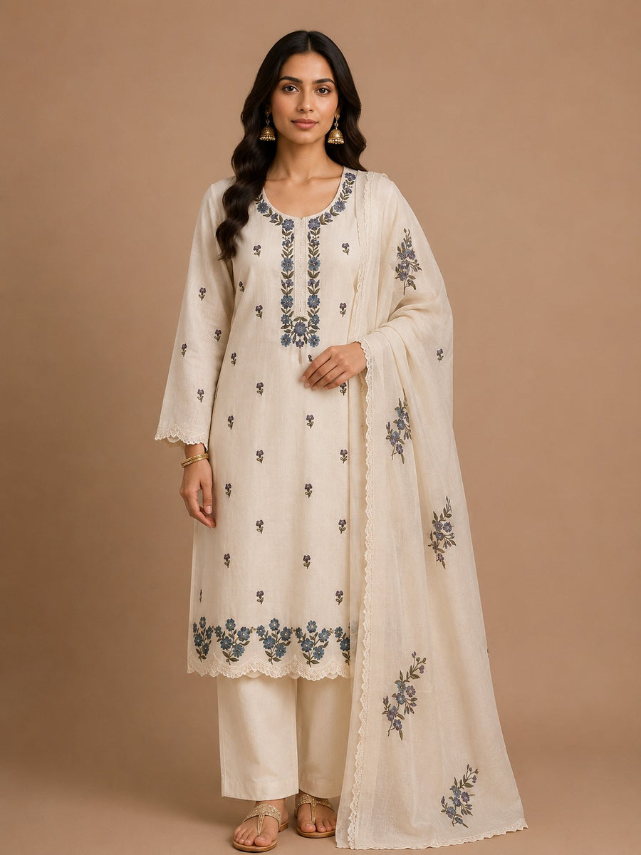 Khaki Blue Mal Chanderi Unstitched Dress Material with Floral Embroidery