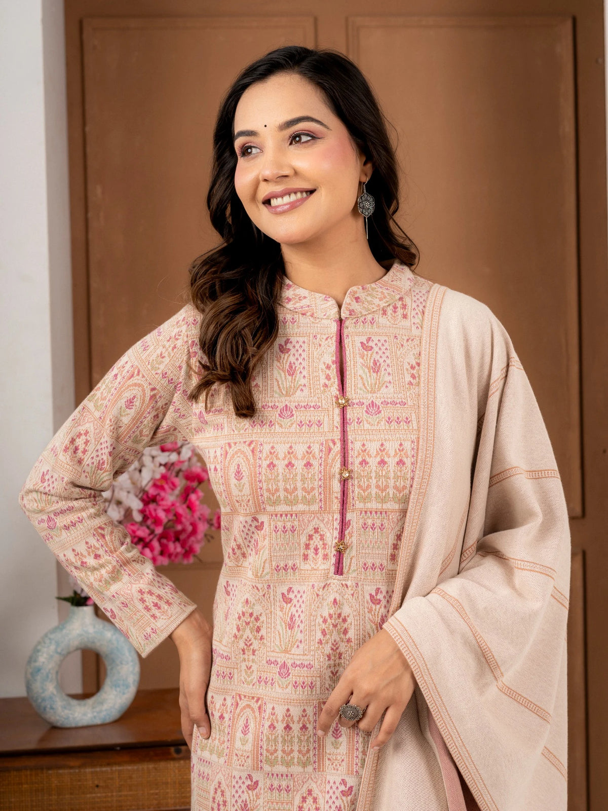 Ecru Printed Wool Blend Suit Set with Matching Dupatta