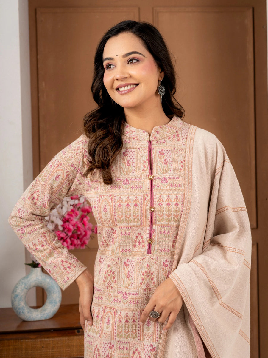 Ecru Printed Wool Blend Suit Set with Matching Dupatta
