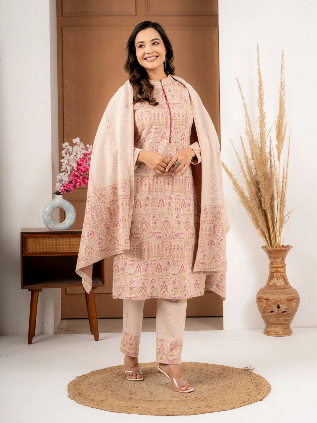 Ecru Printed Wool Blend Suit Set with Matching Dupatta