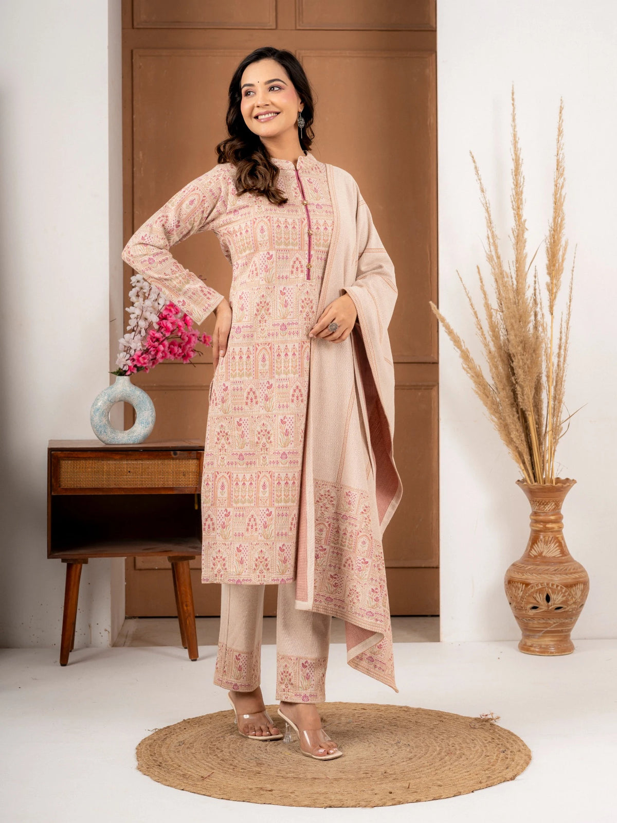 Ecru Printed Wool Blend Suit Set with Matching Dupatta