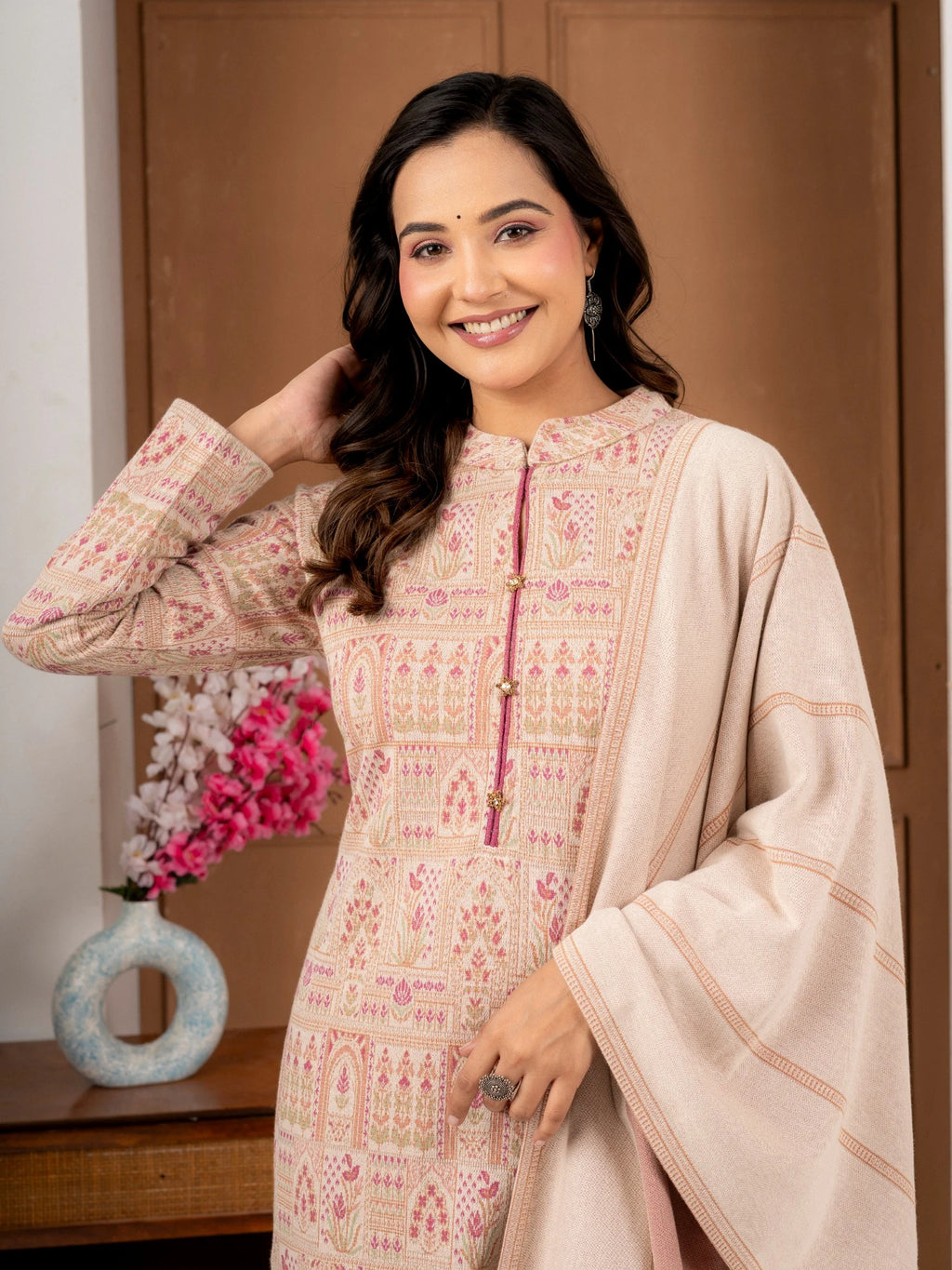 Ecru Printed Wool Blend Suit Set with Matching Dupatta