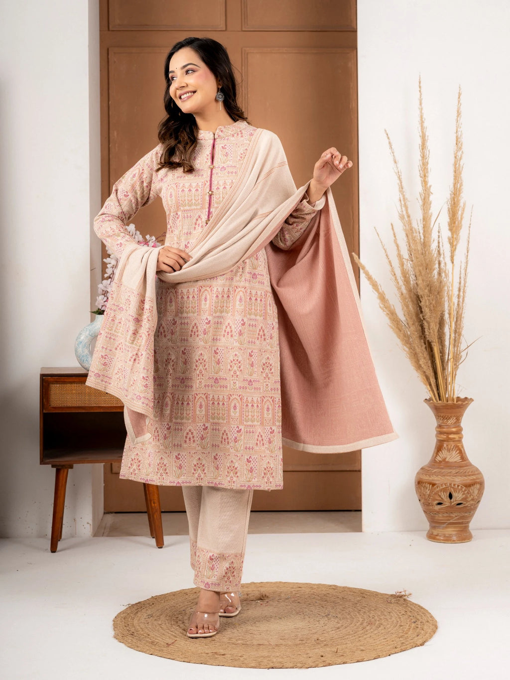Ecru Printed Wool Blend Suit Set with Matching Dupatta