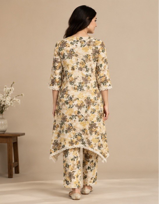 Cream Floral Silk Blend Co-Ord Set for Women