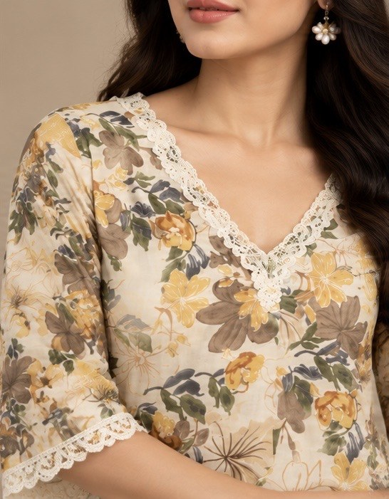 Cream Floral Silk Blend Co-Ord Set for Women
