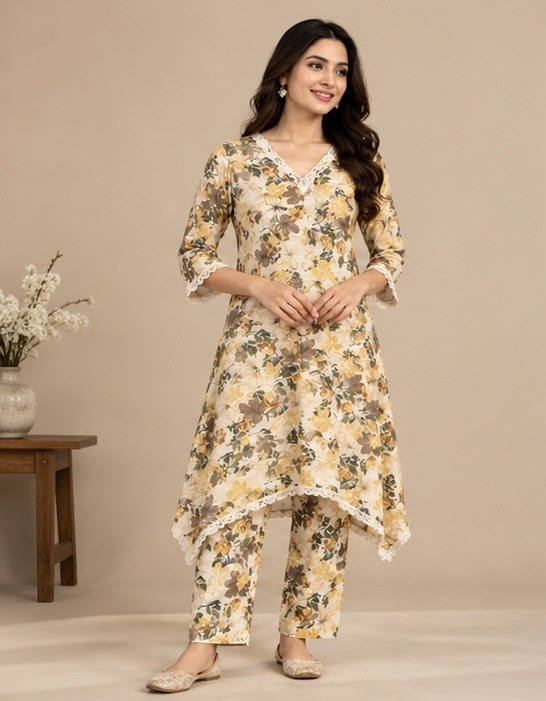 Cream Floral Silk Blend Co-Ord Set for Women