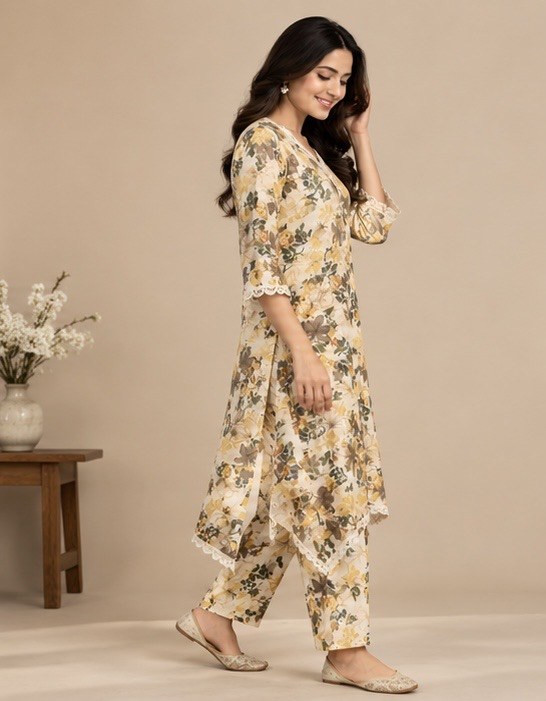 Cream Floral Silk Blend Co-Ord Set for Women