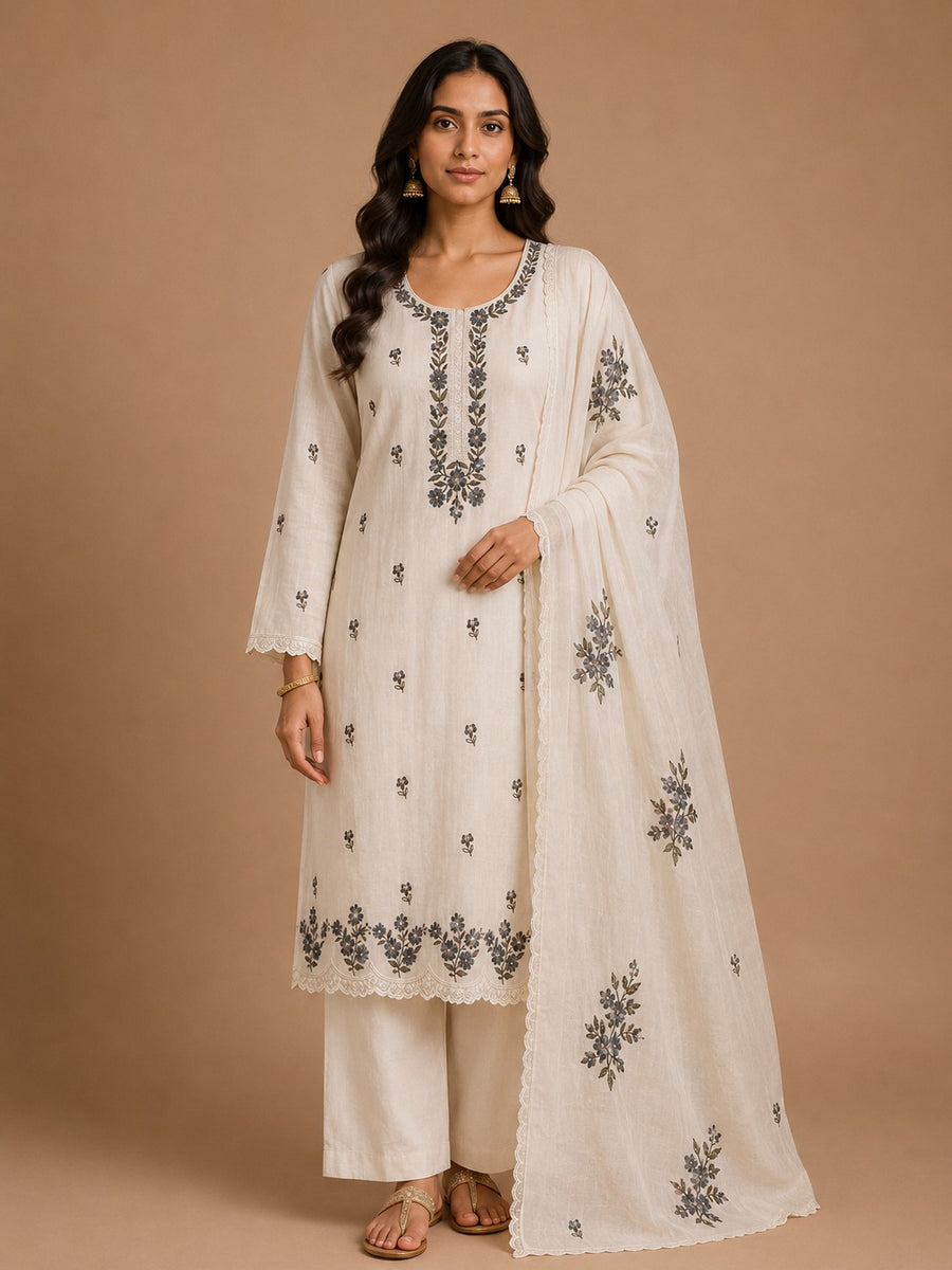 Khaki Grey Mal Chanderi Unstitched Dress Material with Floral Embroidery
