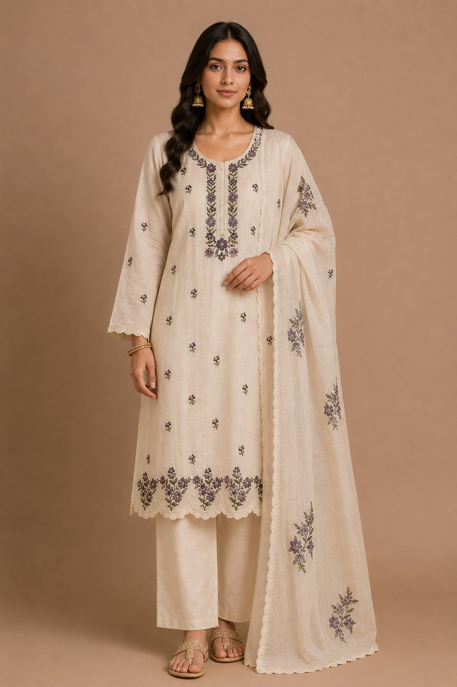 Khaki Purple Mal Chanderi Unstitched Dress Material with Floral Embroidery