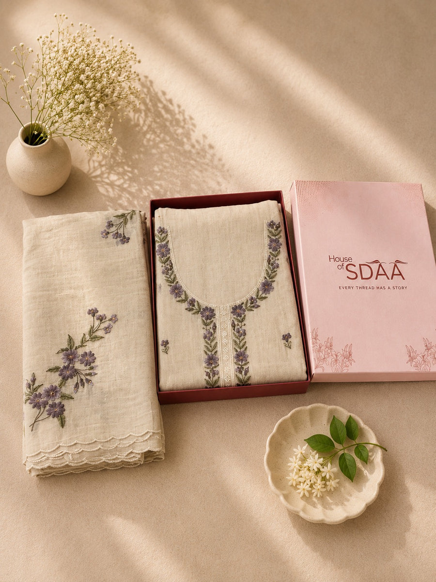 Khaki Purple Mal Chanderi Unstitched Dress Material with Floral Embroidery