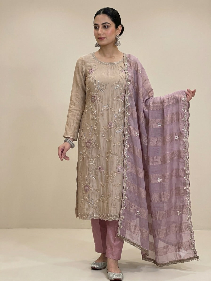 Chanderi Silk Floral Embroidered Unstitched Dress Material with Dupatta