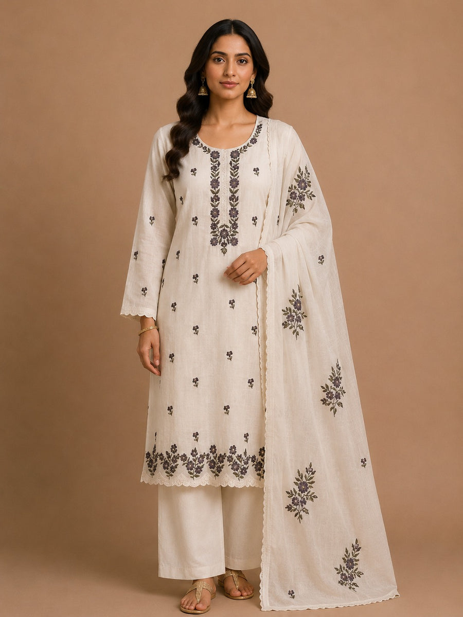 Khaki Wine Mal Chanderi Unstitched Dress Material with Floral Embroidery