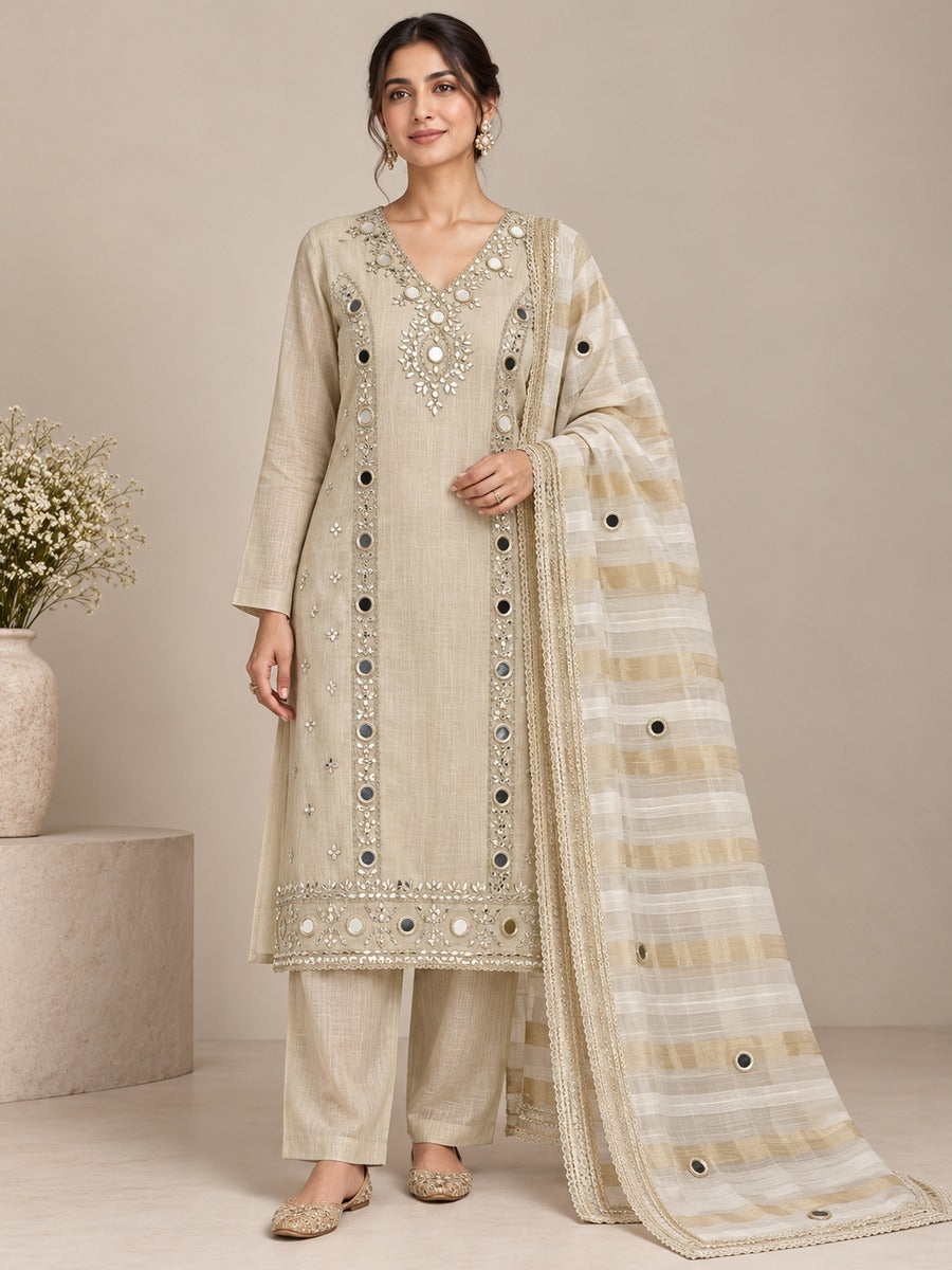 Chanderi Silk Mirror Work Unstitched Dress Material with Dupatta