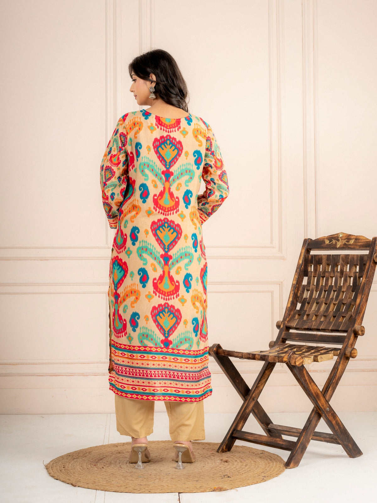 Beige Multicolor Printed Viscose Silk Suit Set with Dupatta