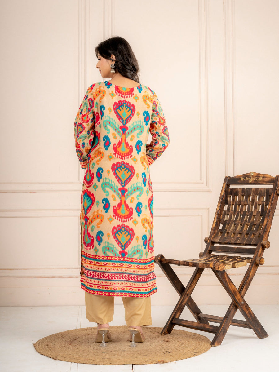 Beige Multicolor Printed Viscose Silk Suit Set with Dupatta