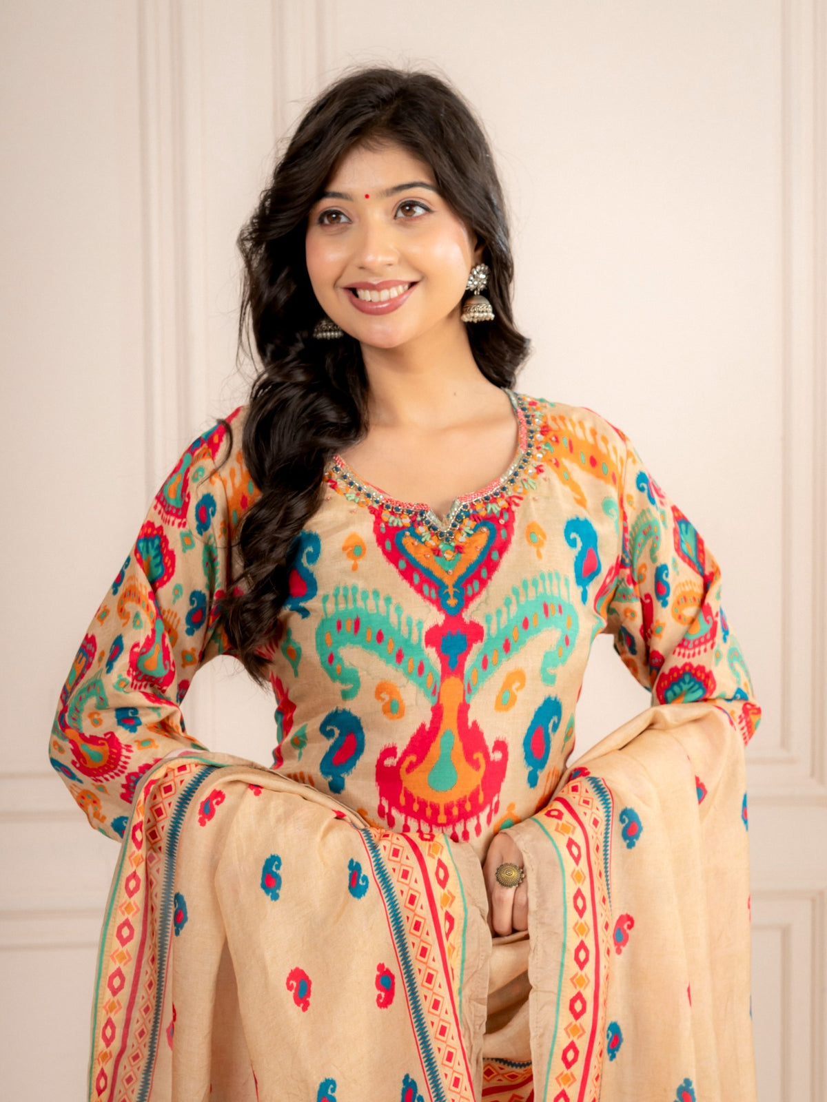Beige Multicolor Printed Viscose Silk Suit Set with Dupatta