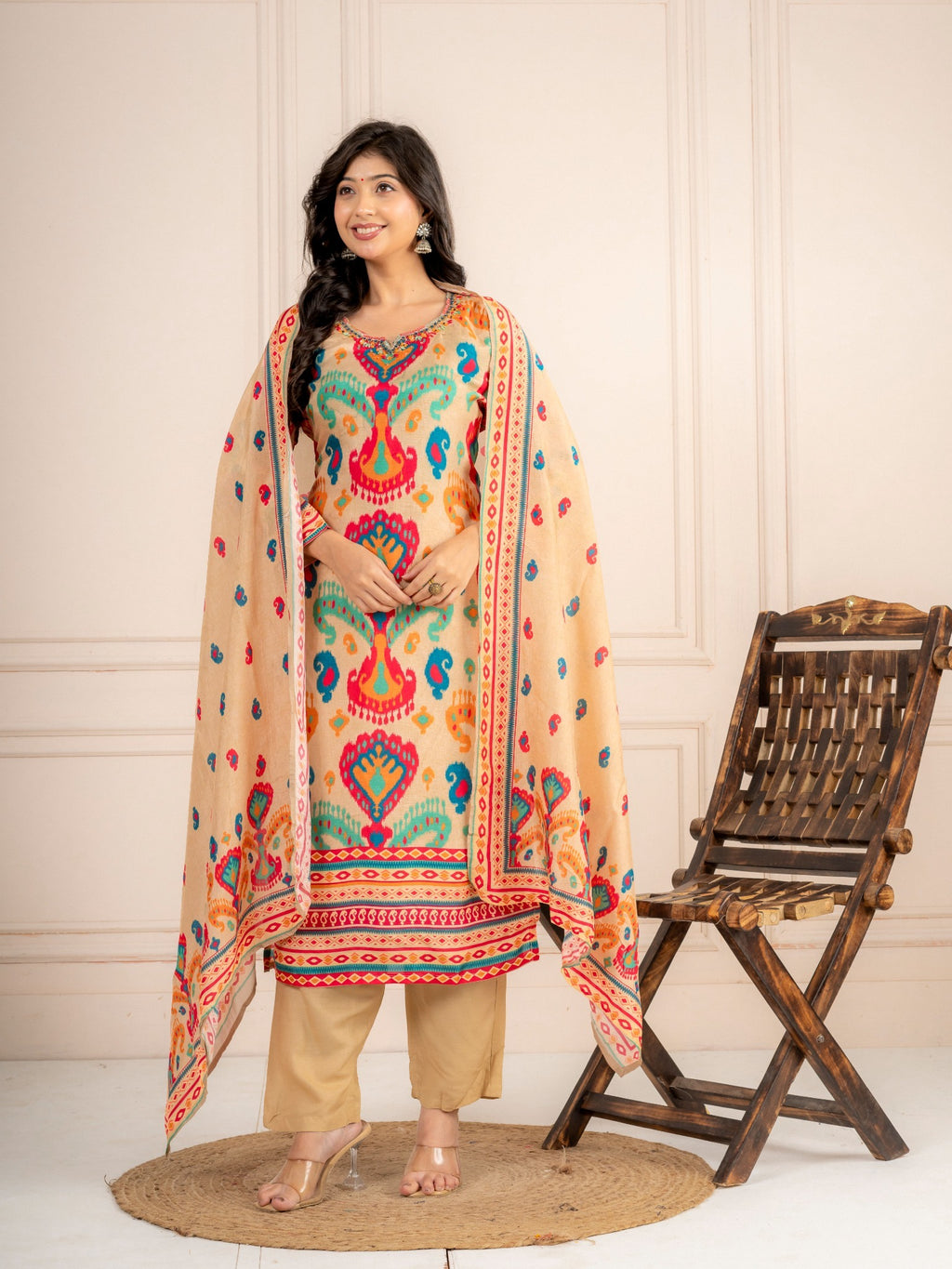Beige Multicolor Printed Viscose Silk Suit Set with Dupatta