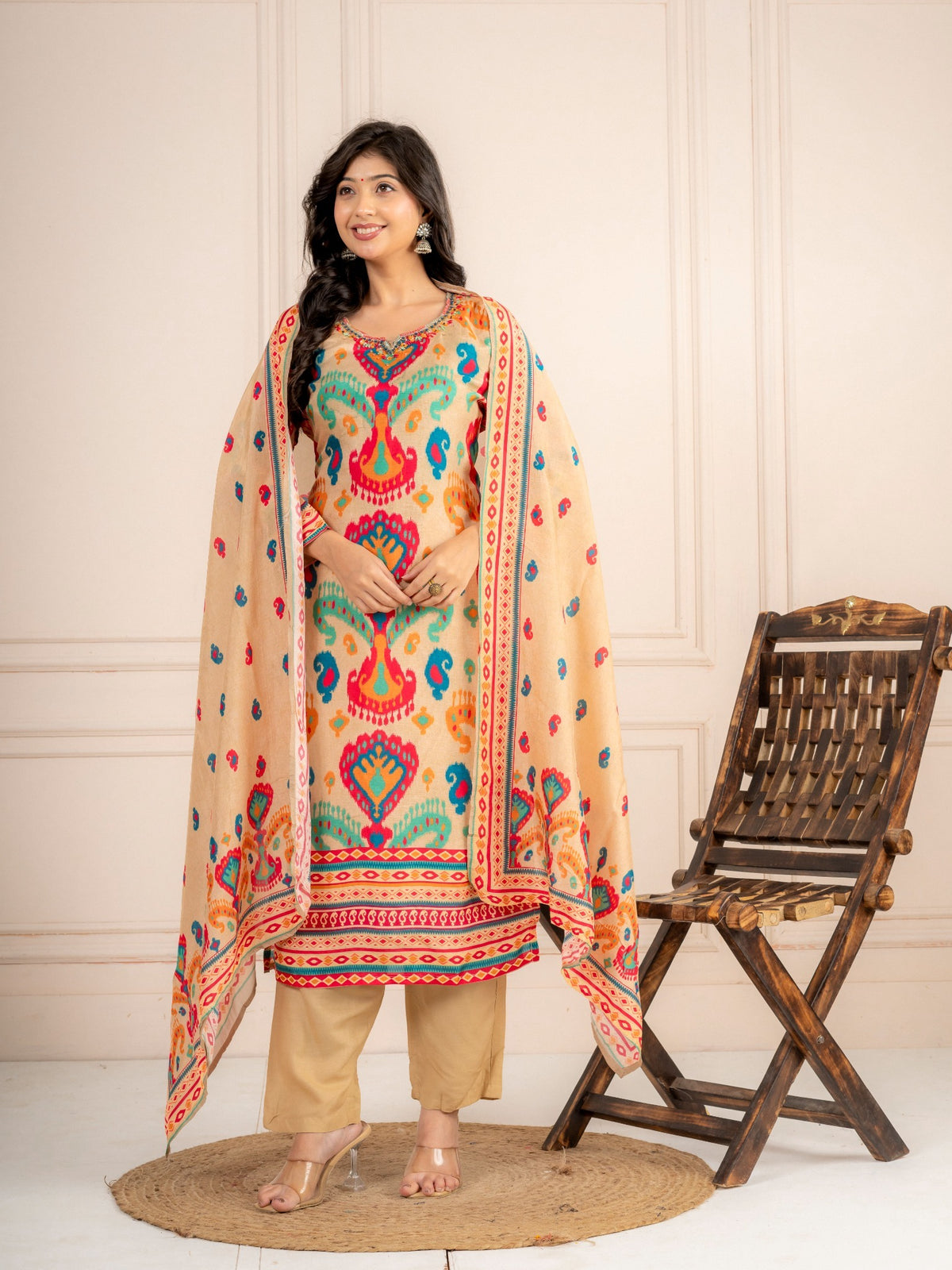 Beige Multicolor Printed Viscose Silk Suit Set with Dupatta