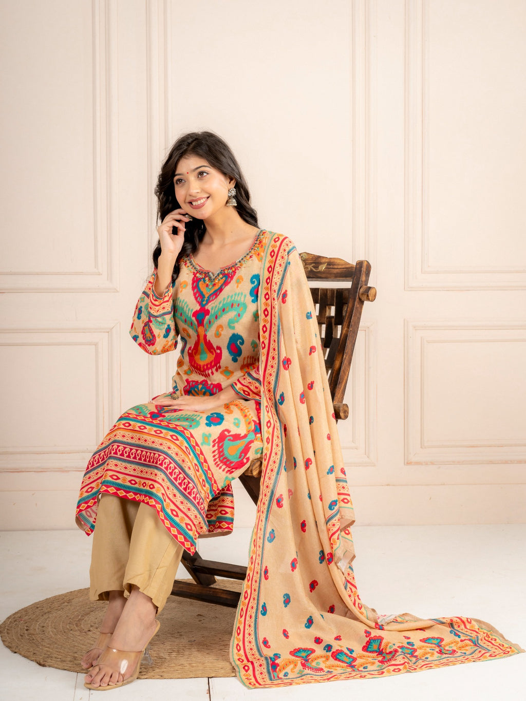 Beige Multicolor Printed Viscose Silk Suit Set with Dupatta