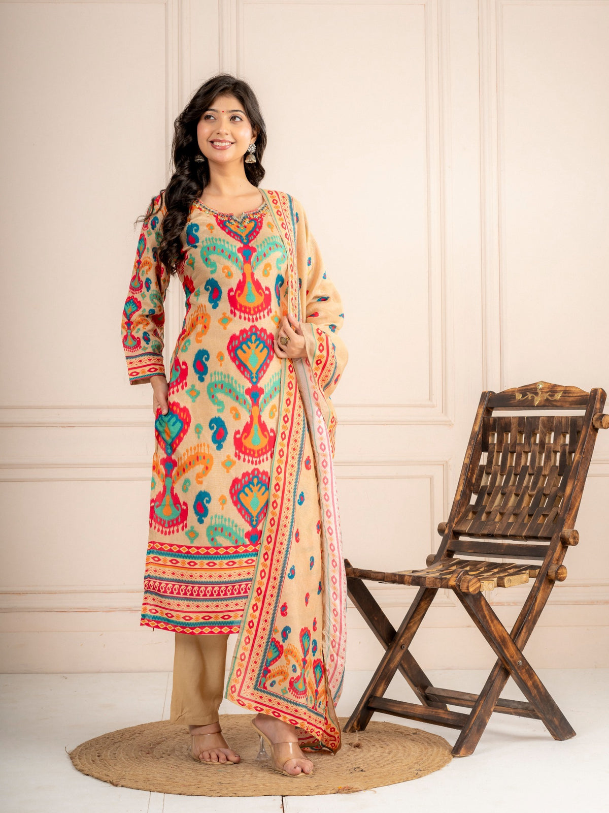 Beige Multicolor Printed Viscose Silk Suit Set with Dupatta