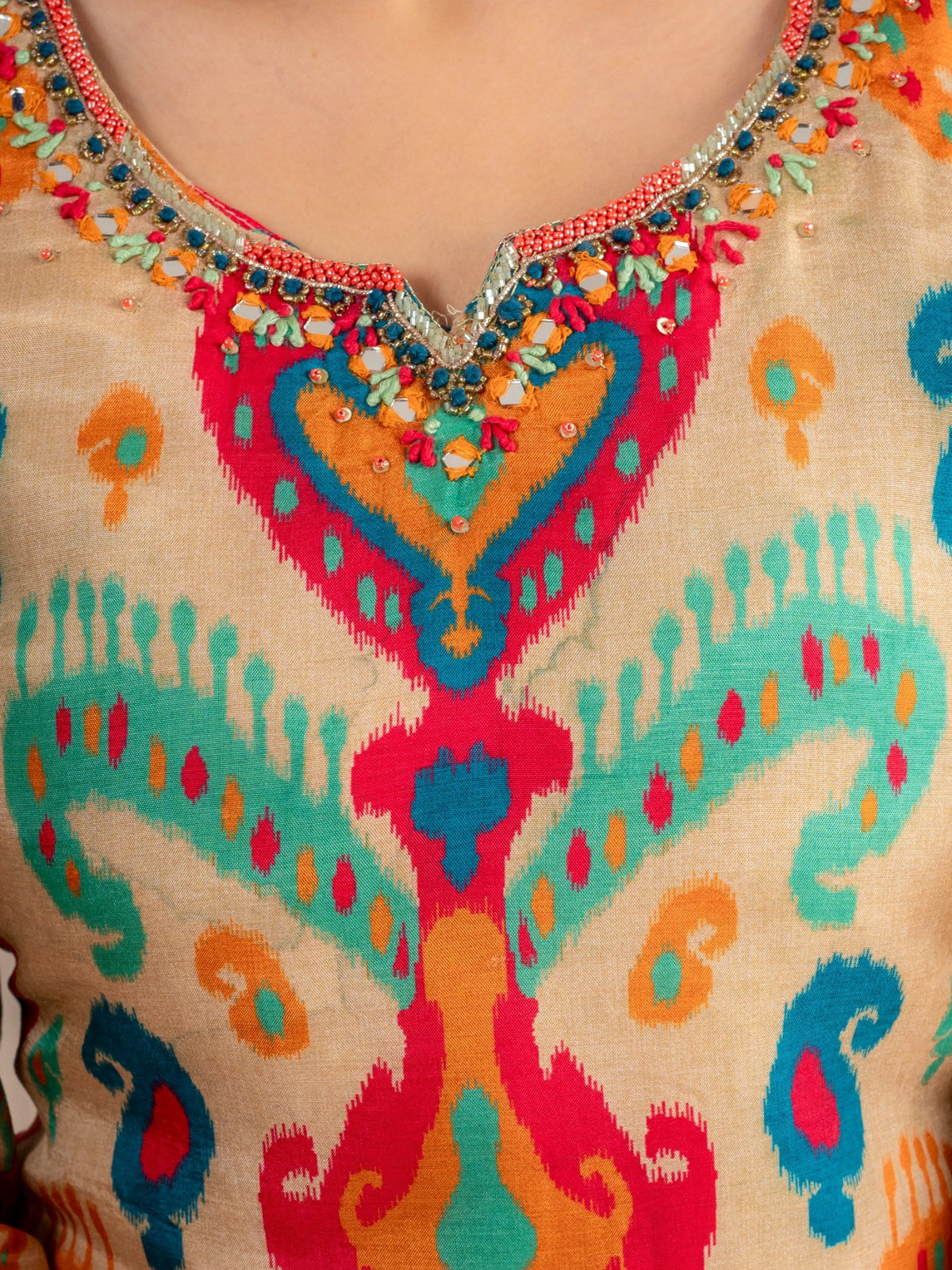 Beige Multicolor Printed Viscose Silk Suit Set with Dupatta