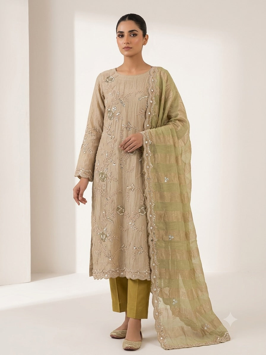 Chanderi Silk Floral Embroidered Unstitched Dress Material with Dupatta