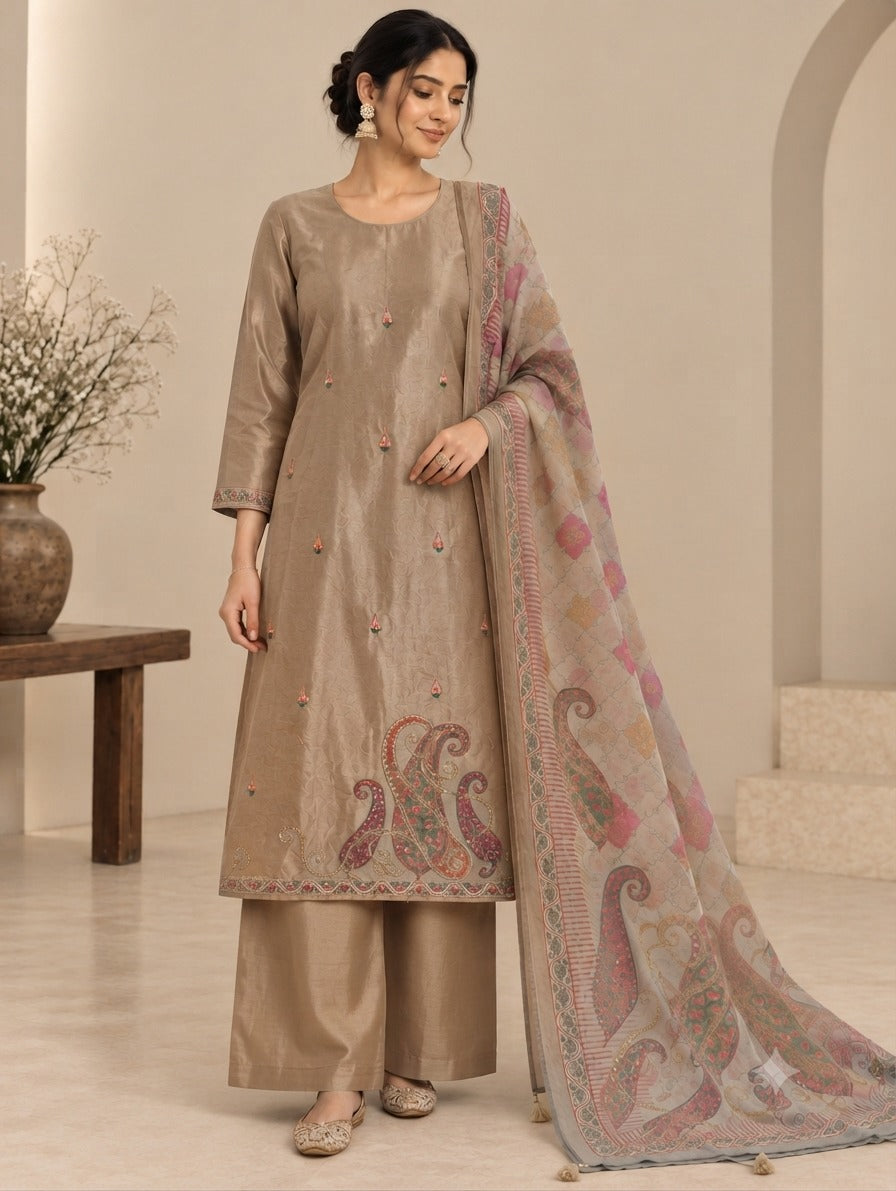 Chanderi Silk Paisley Printed Unstitched Dress Material with Dupatta