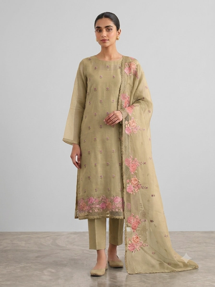 Organza Silk Floral Embroidered Unstitched Dress Material with Dupatta