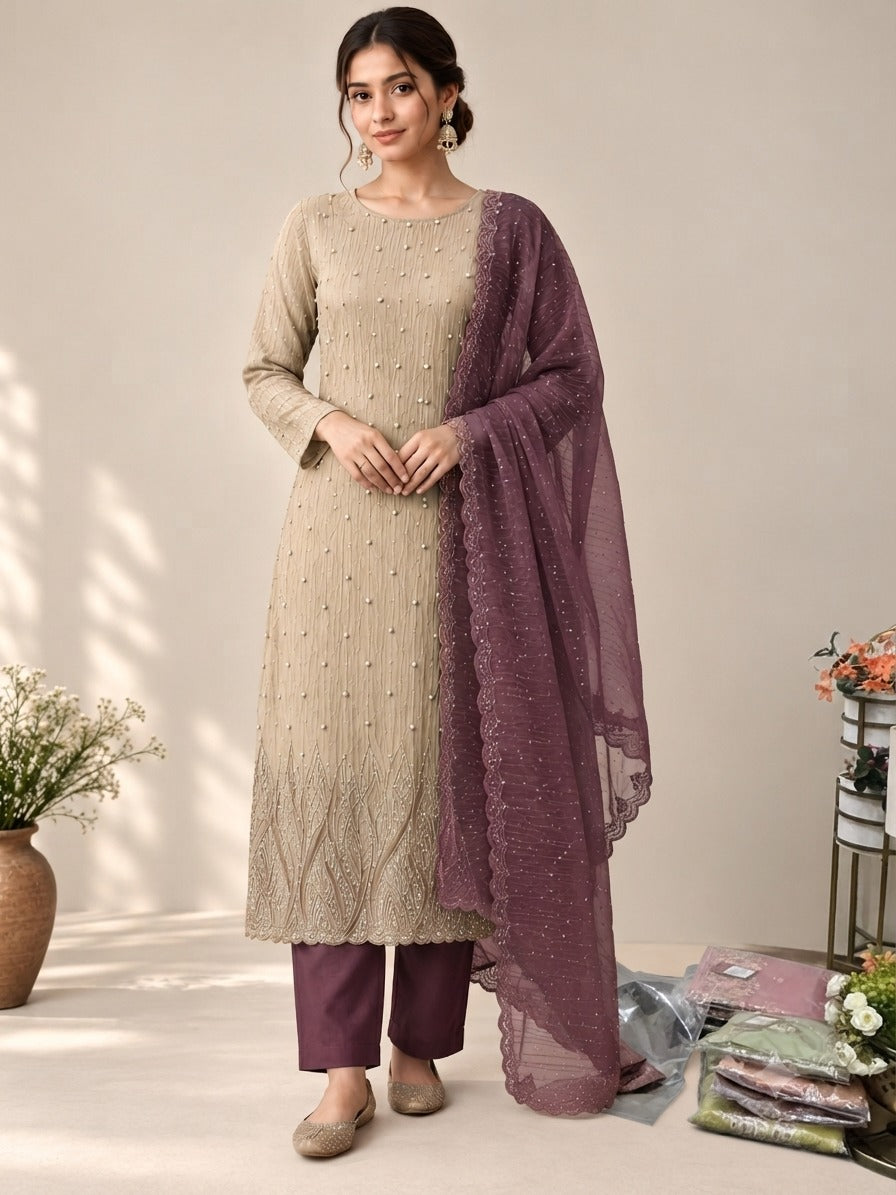 Tissue Silk Embellished Unstitched Dress Material with Dupatta