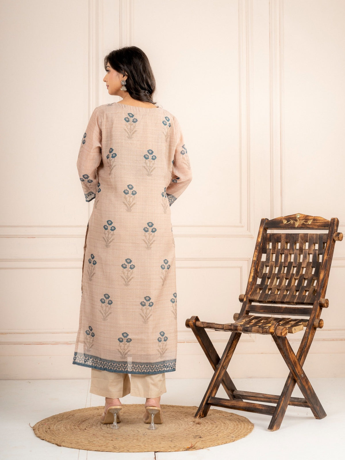 Mink Beige Chanderi Silk Suit Set with Teal Blue Dupatta