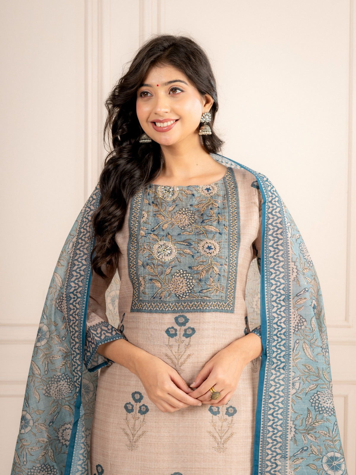 Mink Beige Chanderi Silk Suit Set with Teal Blue Dupatta