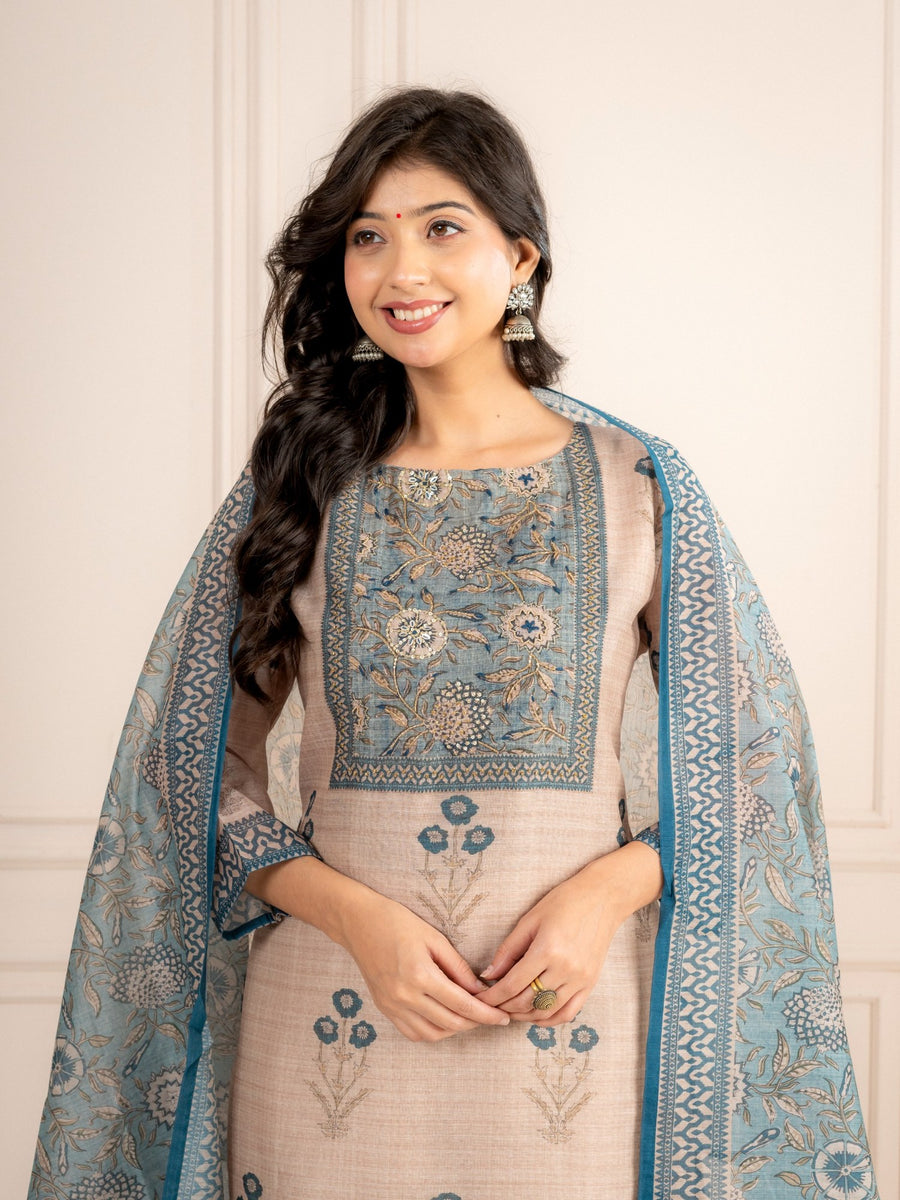 Mink Beige Chanderi Silk Suit Set with Teal Blue Dupatta