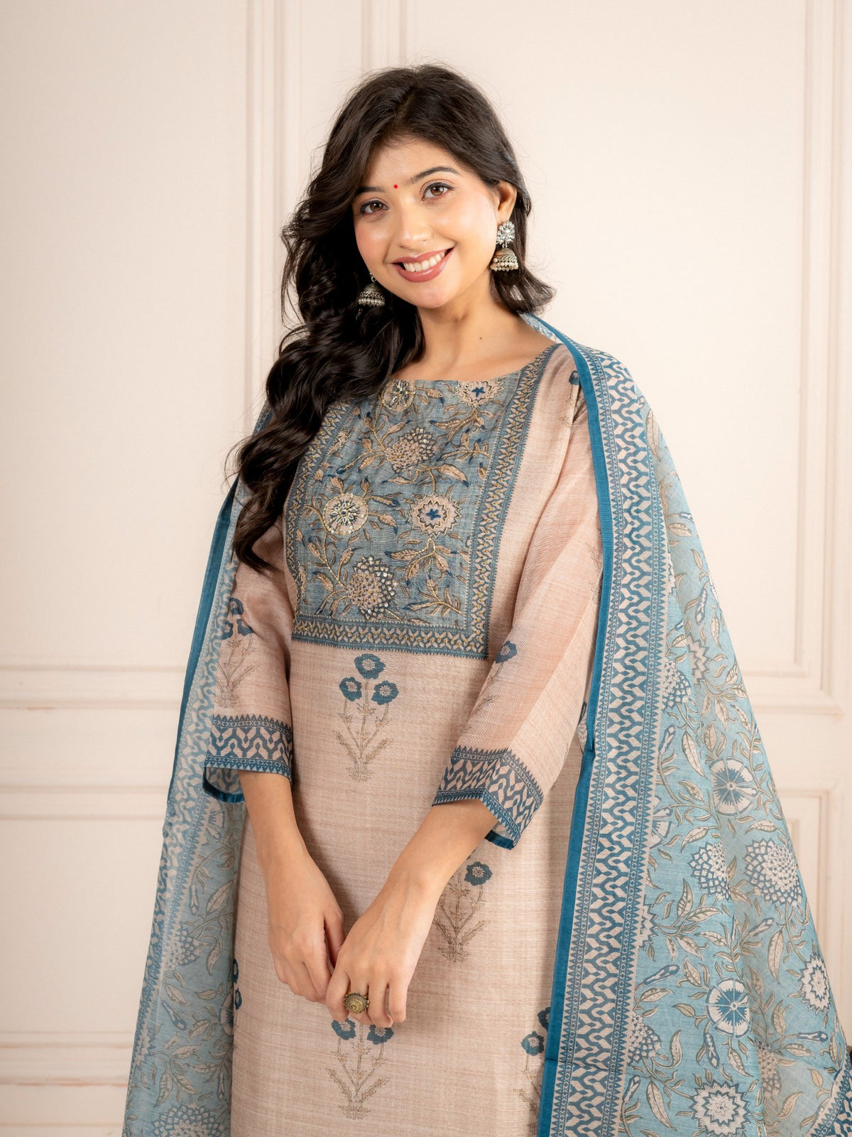 Mink Beige Chanderi Silk Suit Set with Teal Blue Dupatta